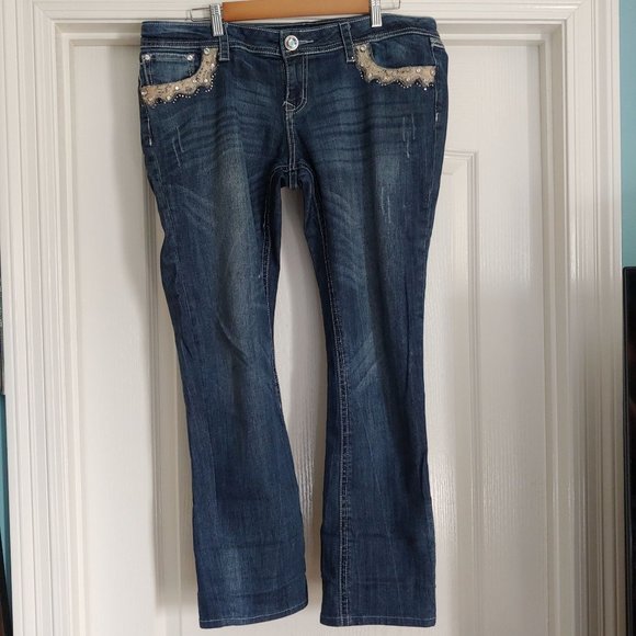 Grace In LA Midrise Straight Leg Lace Blingy Crystals Pocket Flaps 31 - Picture 2 of 16